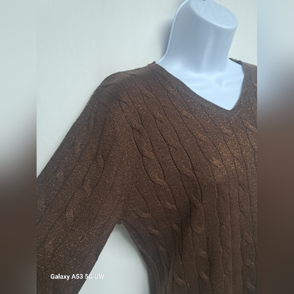 Croft & Barrow M Brown Gold Metallic Sweater V Neck Long Sleeve Like New - Picture 2 of 6